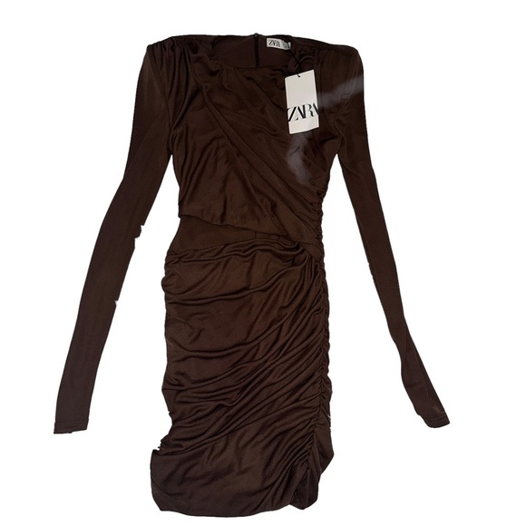 Zara Draped Brown Mini Dress with Cut Out - Picture 2 of 5